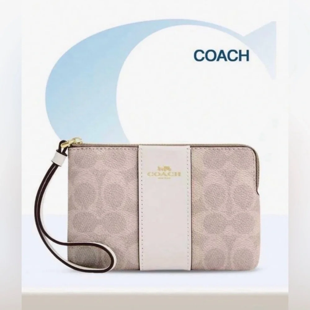 COACH. 3 Piece: Canvas & Leather Corner Zip Wristlet & Free Gift Box & Stickers. - Picture 8 of 16